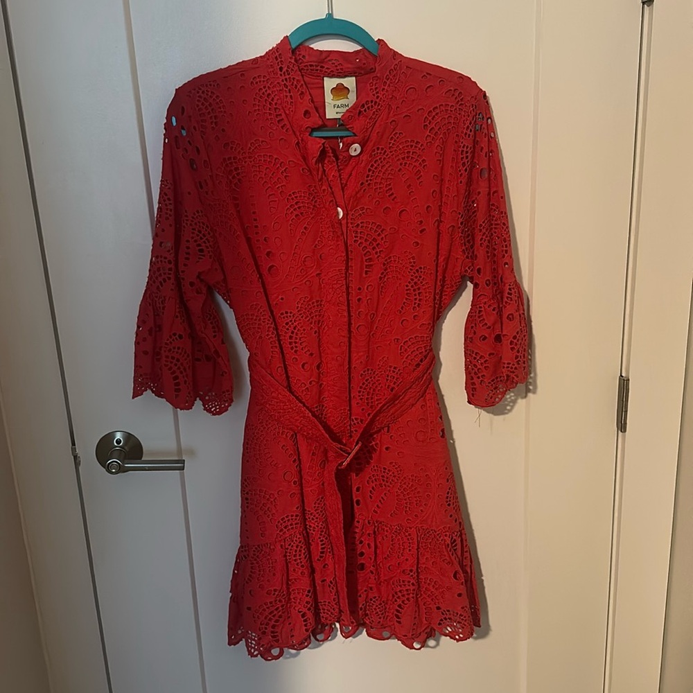 Farm Rio Red Palm Mini Eyelet Lace Dress